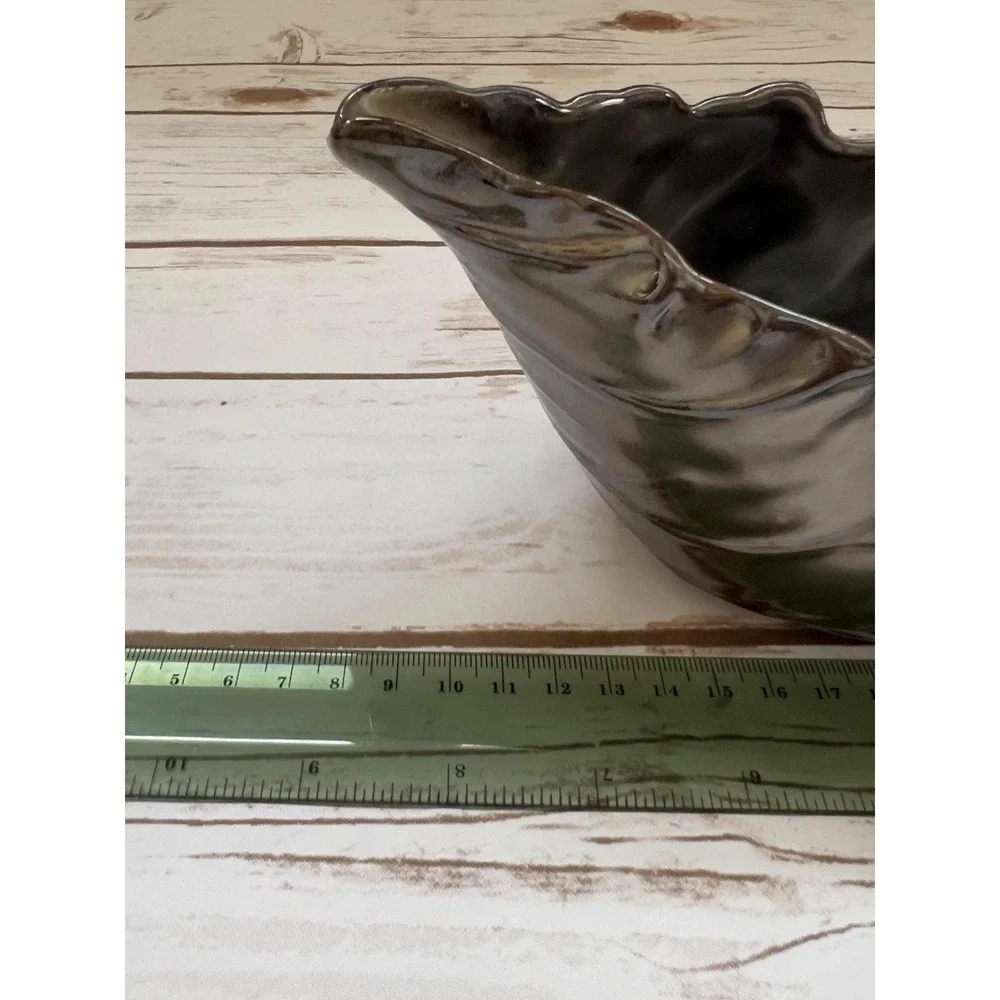 Pottery Barn Gravy Boat‎ with Ladle Bronze Leaf Design Metallic Glaze OS